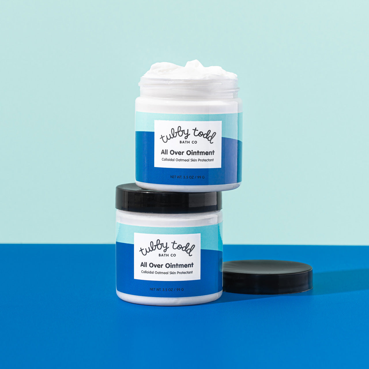 Lavender Rosemary All Over Ointment 3.5oz 2-pack on blue an mint background